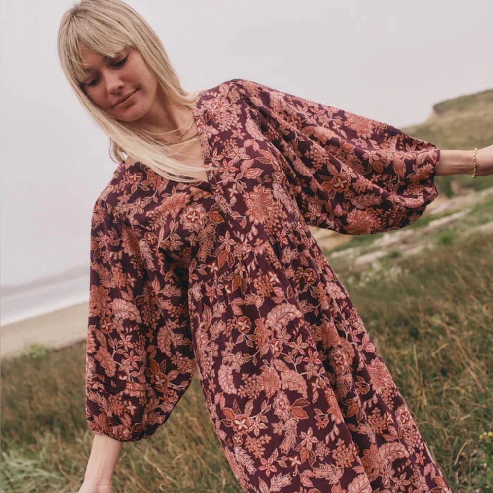 MARINE LAYER lola puff sleeve floral midi dress feminine casual / size XS